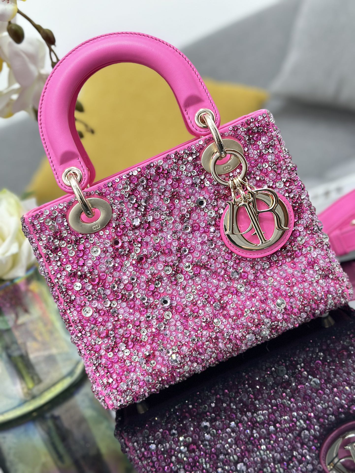 Small Lady Dior Bag Candy Pink Satin Embroidered with Bead Diamond